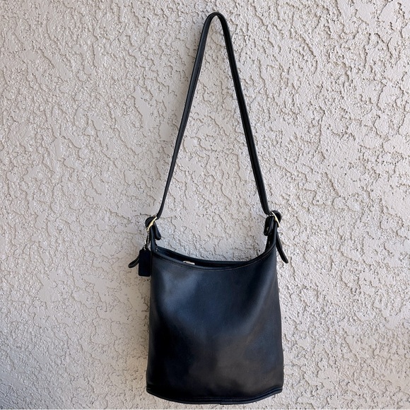 VINTAGE COACH Slim Duffle Shoulder Sac Crossbody Bag in Black Leather #5722 RARE - Picture 2 of 11